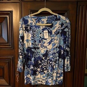Chico's Blue Floral Scoop-Neck Long Sleeve Top Size 1